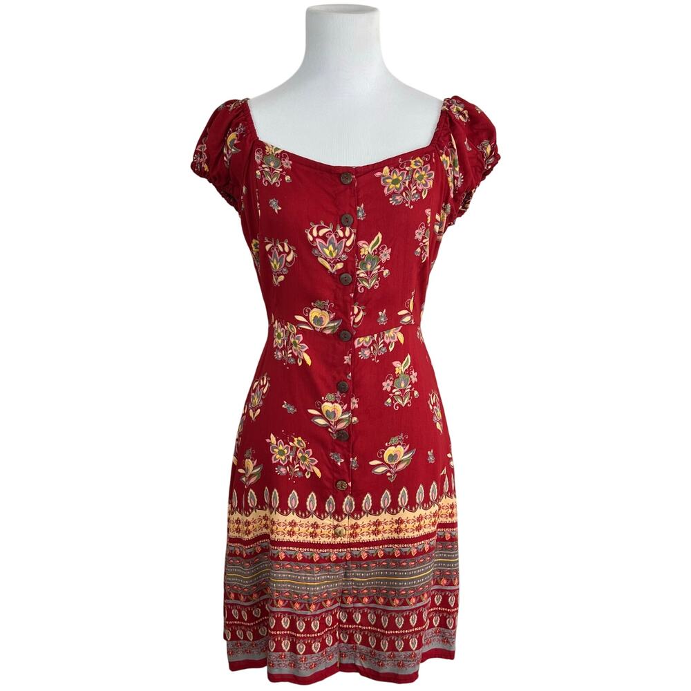Angie Burgundy Floral Button-Front Midi Dress
